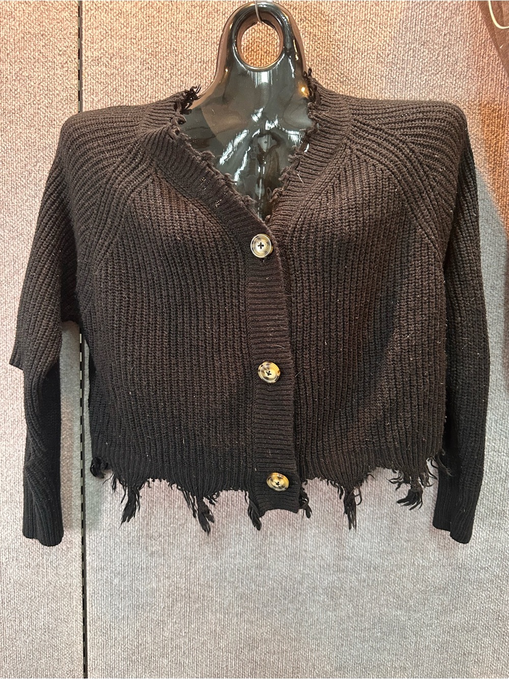 Black Distressed Button-Front Women's Sweater